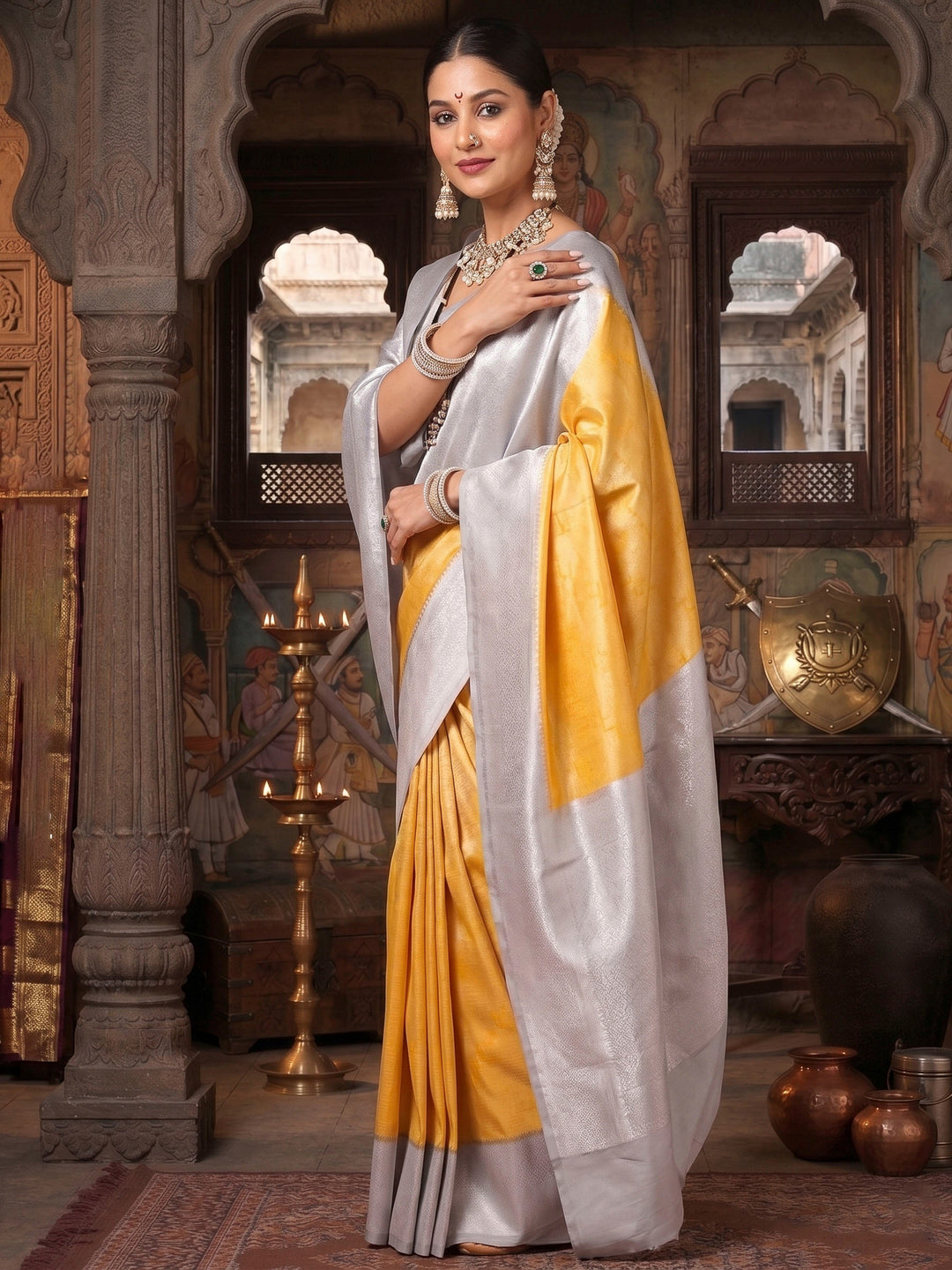 Mustard Grey Woven Design Kanjivaram Brocade Contrast Saree