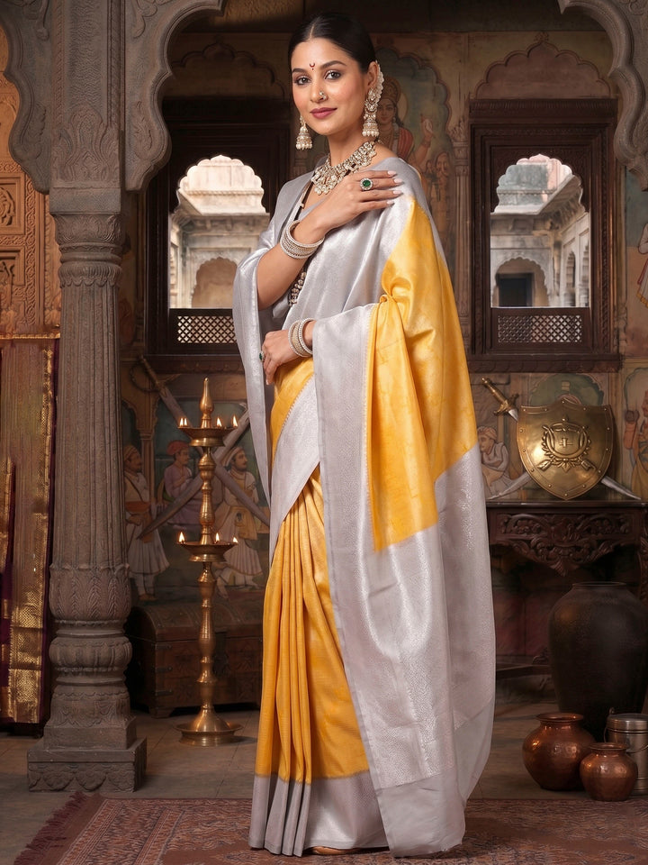 Mustard Grey Woven Design Kanjivaram Brocade Contrast Saree