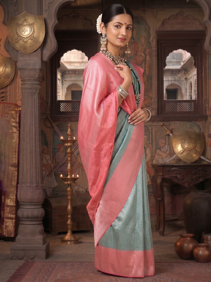 Pista Peach Woven Design Kanjivaram Brocade Contrast Saree