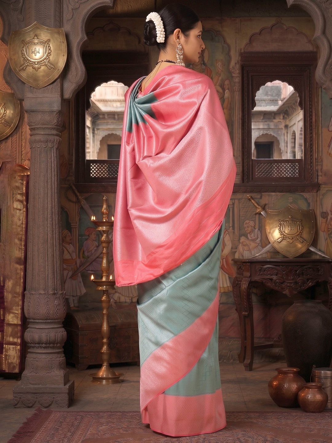 Pista Peach Woven Design Kanjivaram Brocade Contrast Saree