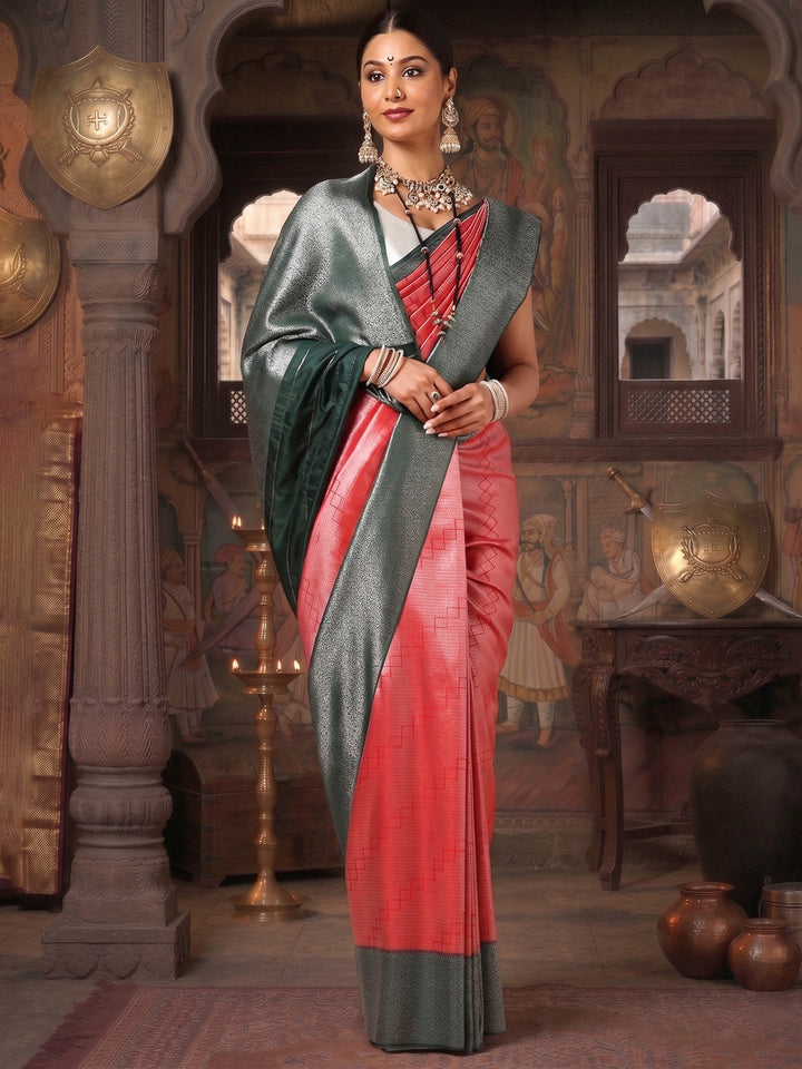 Red Dark Green Woven Design Kanjivaram Brocade Contrast Saree