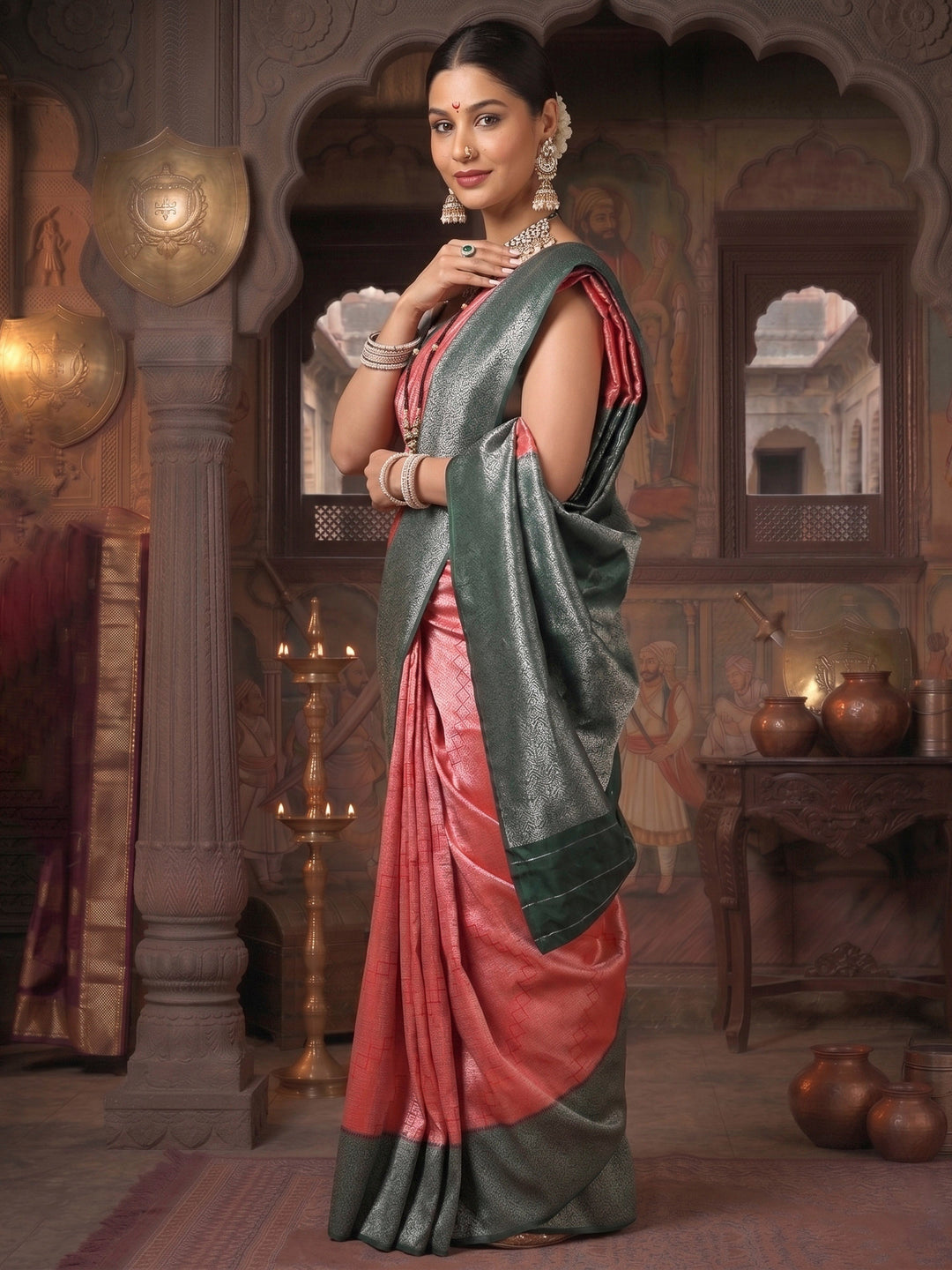 Red Dark Green Woven Design Kanjivaram Brocade Contrast Saree