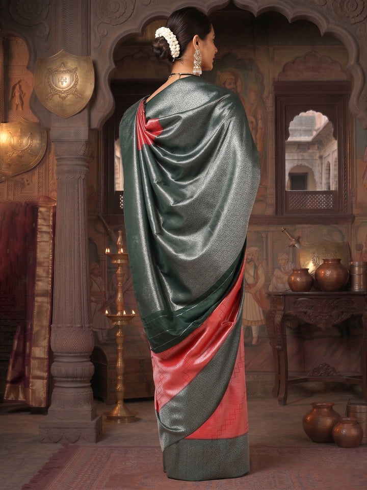 Red Dark Green Woven Design Kanjivaram Brocade Contrast Saree