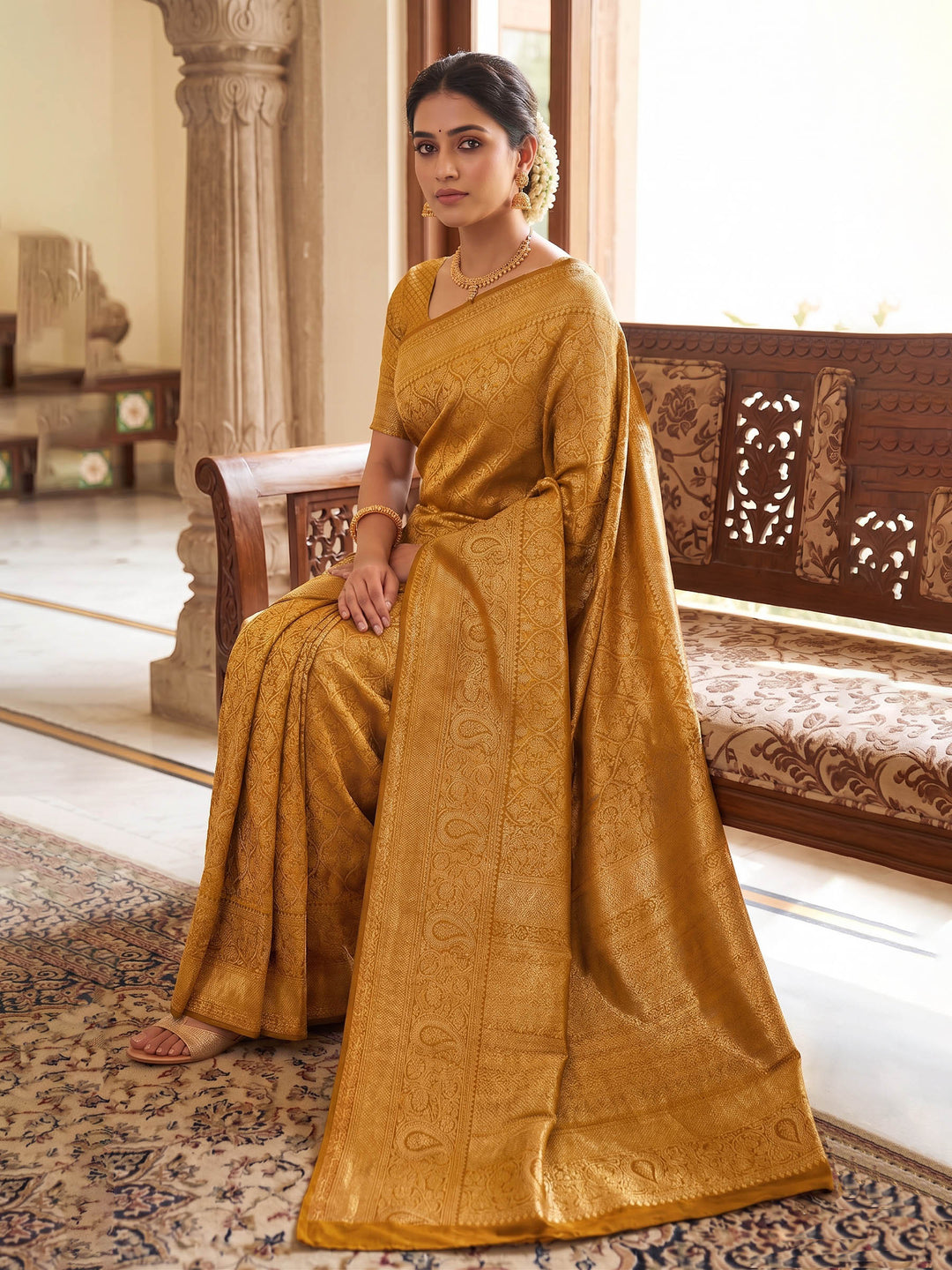 Mustard Woven Design Art Silk Kanjivaram Saree