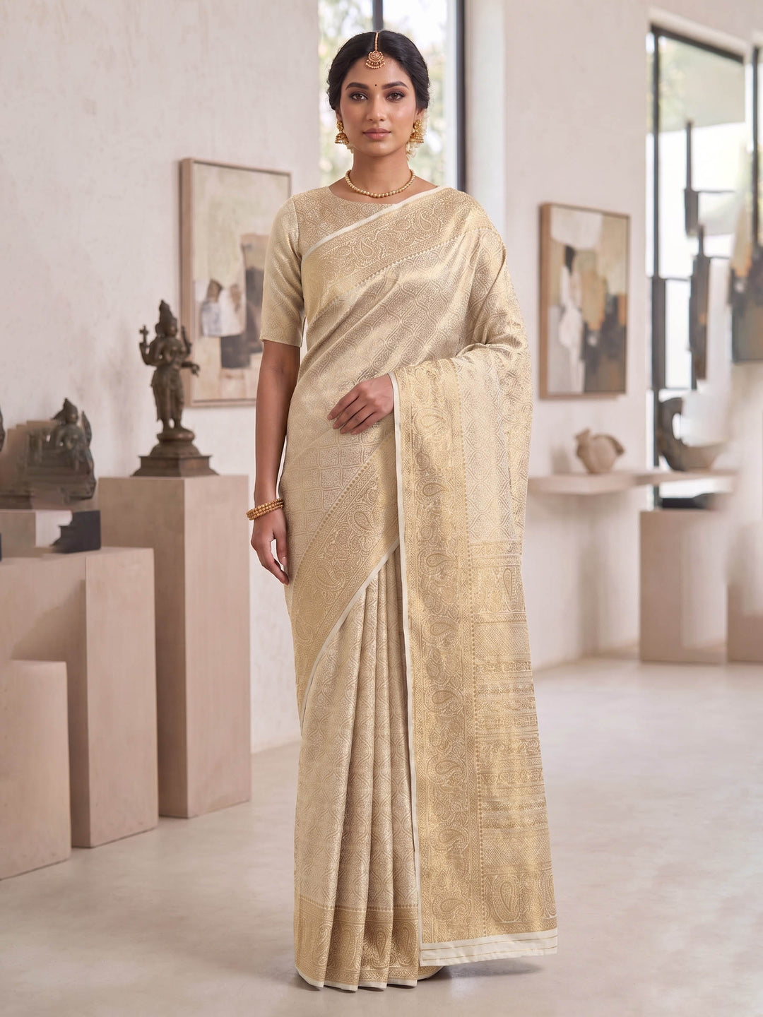 Off White Woven Design Art Silk Kanjivaram Saree