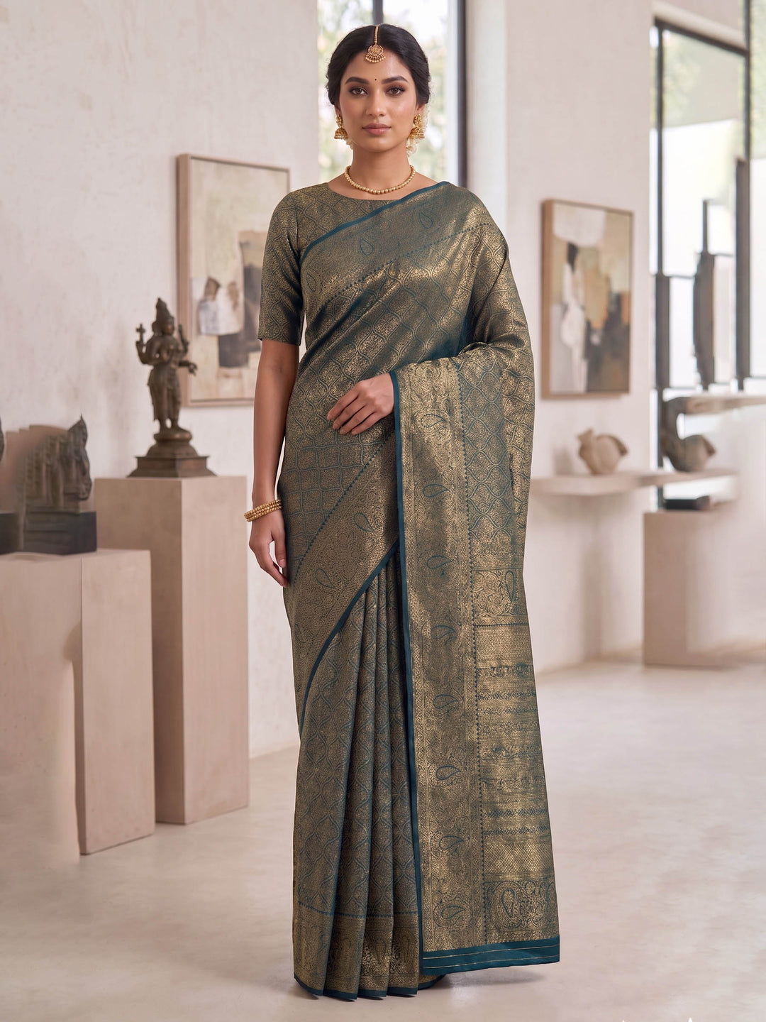 Peacock Blue Woven Design Art Silk Kanjivaram Saree