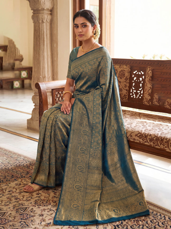 Peacock Blue Woven Design Art Silk Kanjivaram Saree