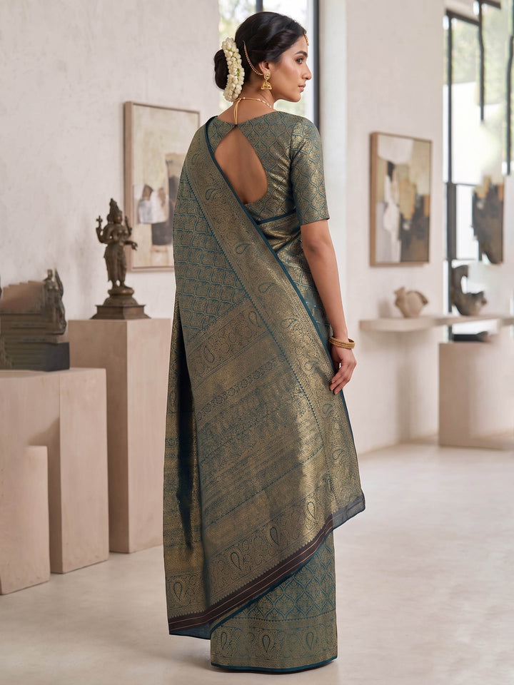 Peacock Blue Woven Design Art Silk Kanjivaram Saree