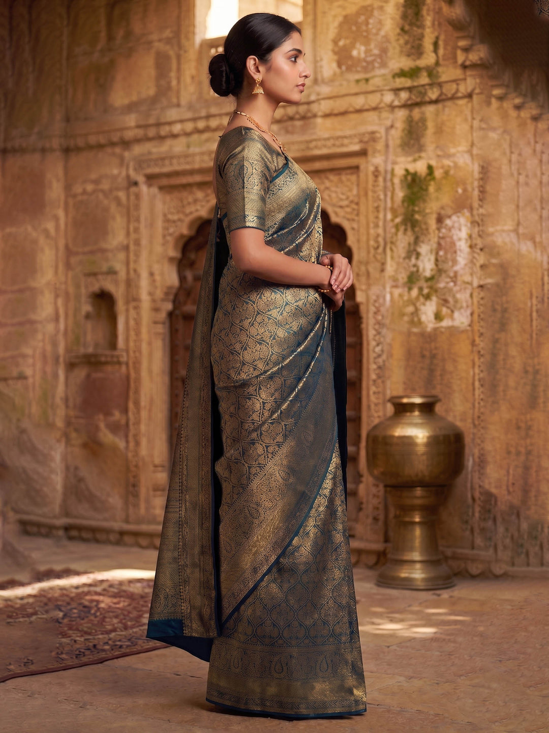 Peacock Blue Woven Design Art Silk Kanjivaram Saree