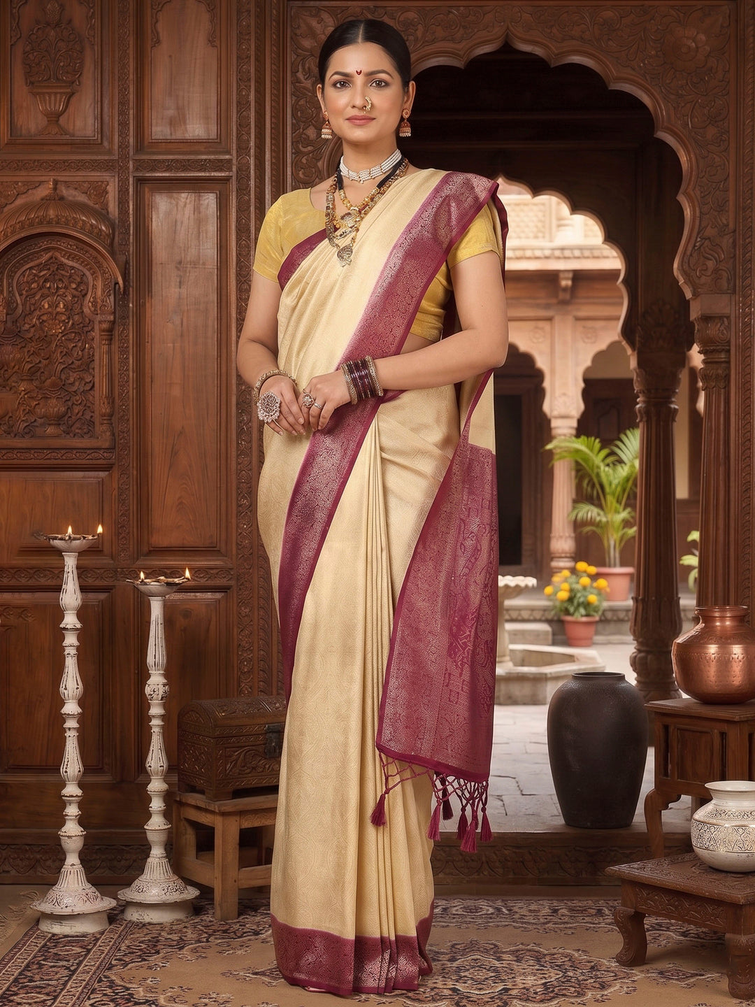 Off White Lavender Woven Design Kanjivaram Brocade Contrast Saree