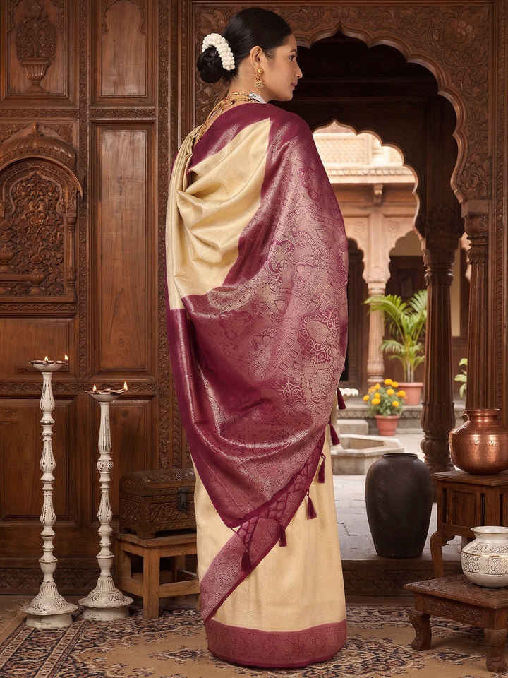 Off White Lavender Woven Design Kanjivaram Brocade Contrast Saree