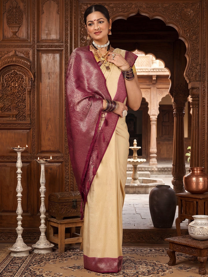 Off White Lavender Woven Design Kanjivaram Brocade Contrast Saree
