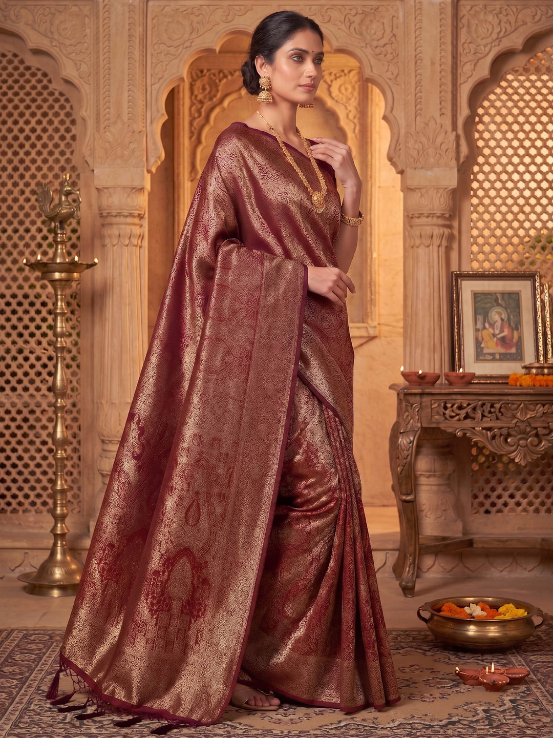 Maroon Woven Design Art Silk Kanjivaram Saree