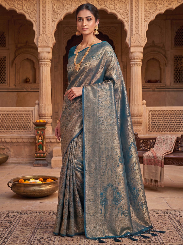 Peacock Blue Woven Design Art Silk Kanjivaram Saree