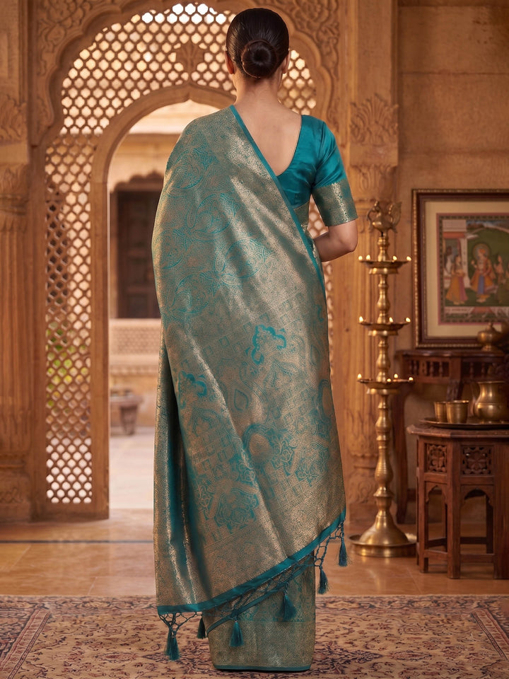 Peacock Blue Woven Design Art Silk Kanjivaram Saree