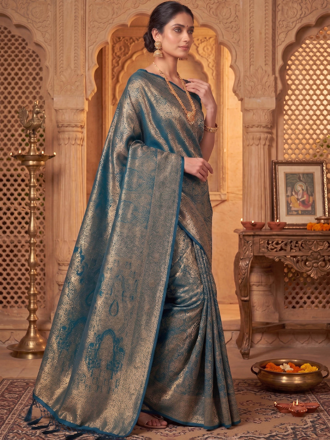 Peacock Blue Woven Design Art Silk Kanjivaram Saree