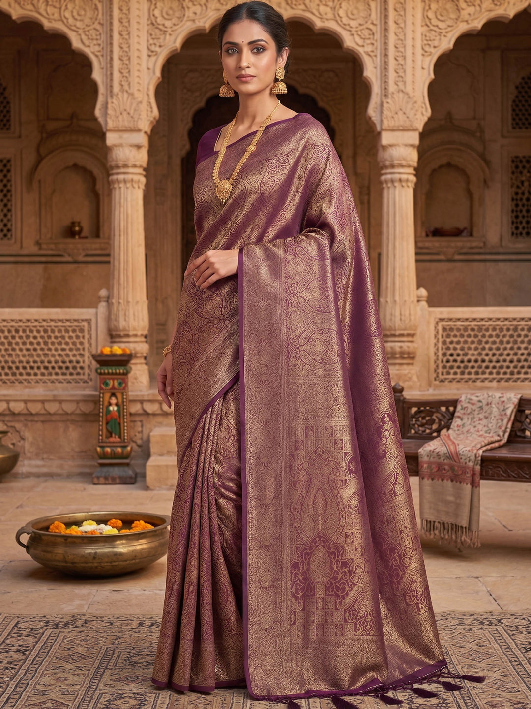 Wine Woven Design Art Silk Kanjivaram Saree