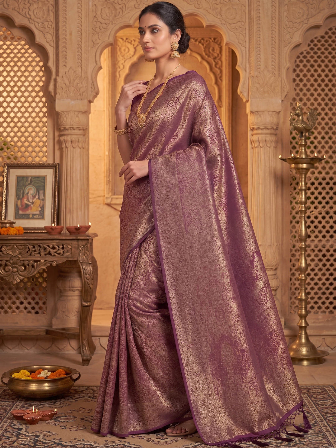 Wine Woven Design Art Silk Kanjivaram Saree