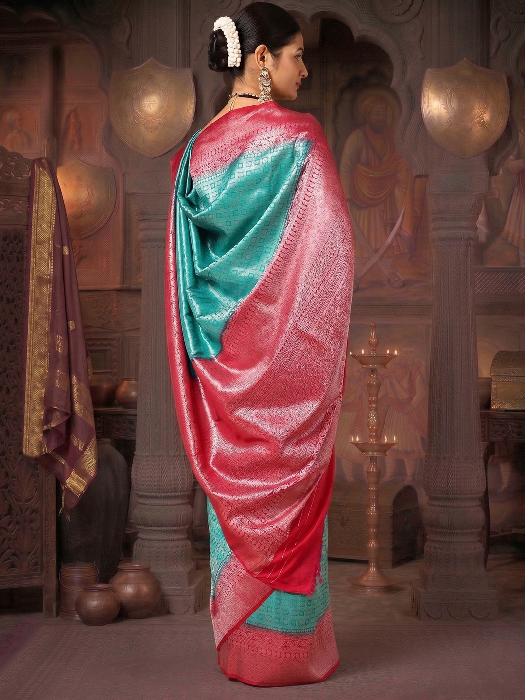 Dark Blue Peach Woven Design Kanjivaram Brocade Contrast Saree