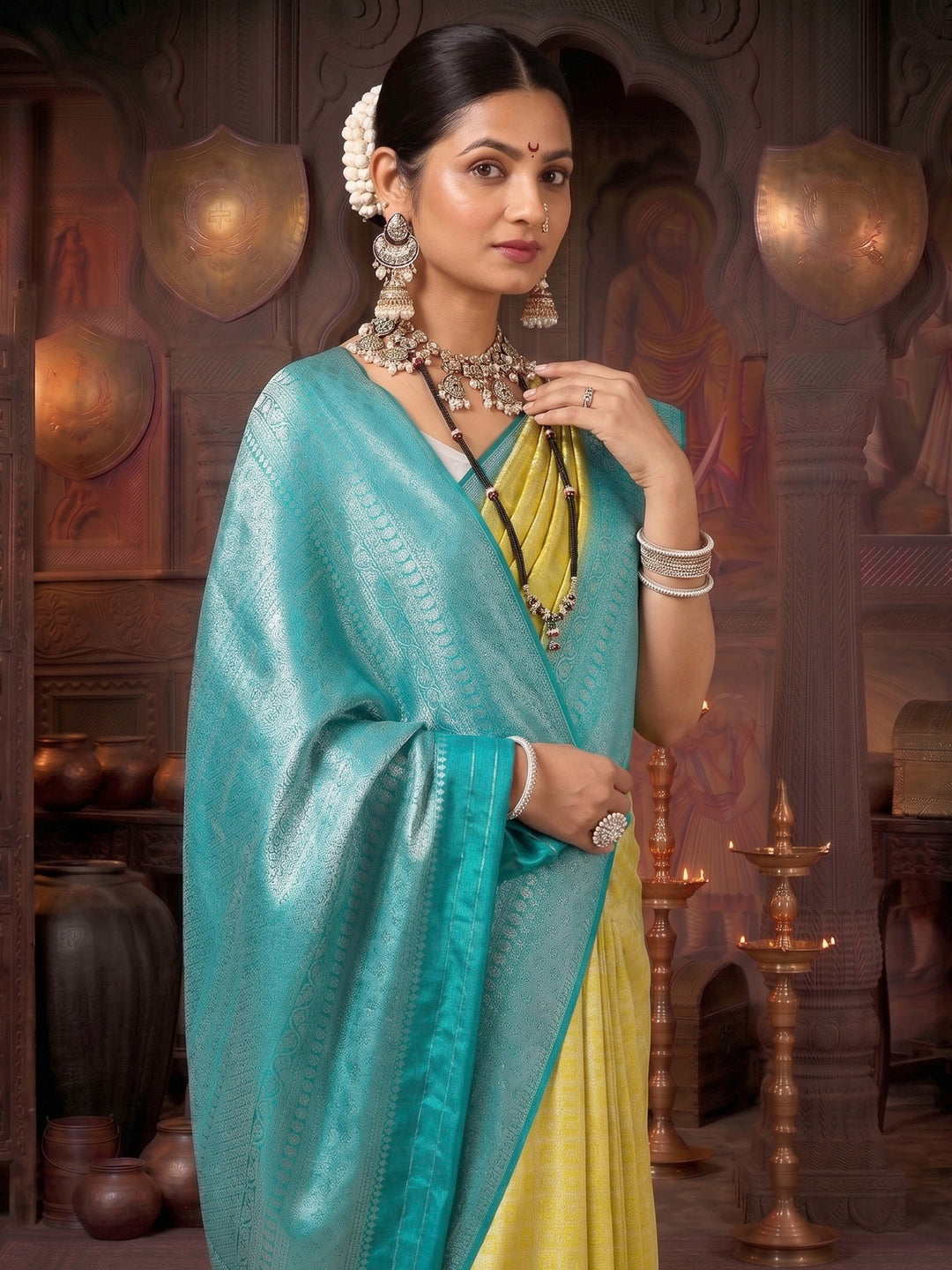 Olive Blue Woven Design Kanjivaram Brocade Contrast Saree