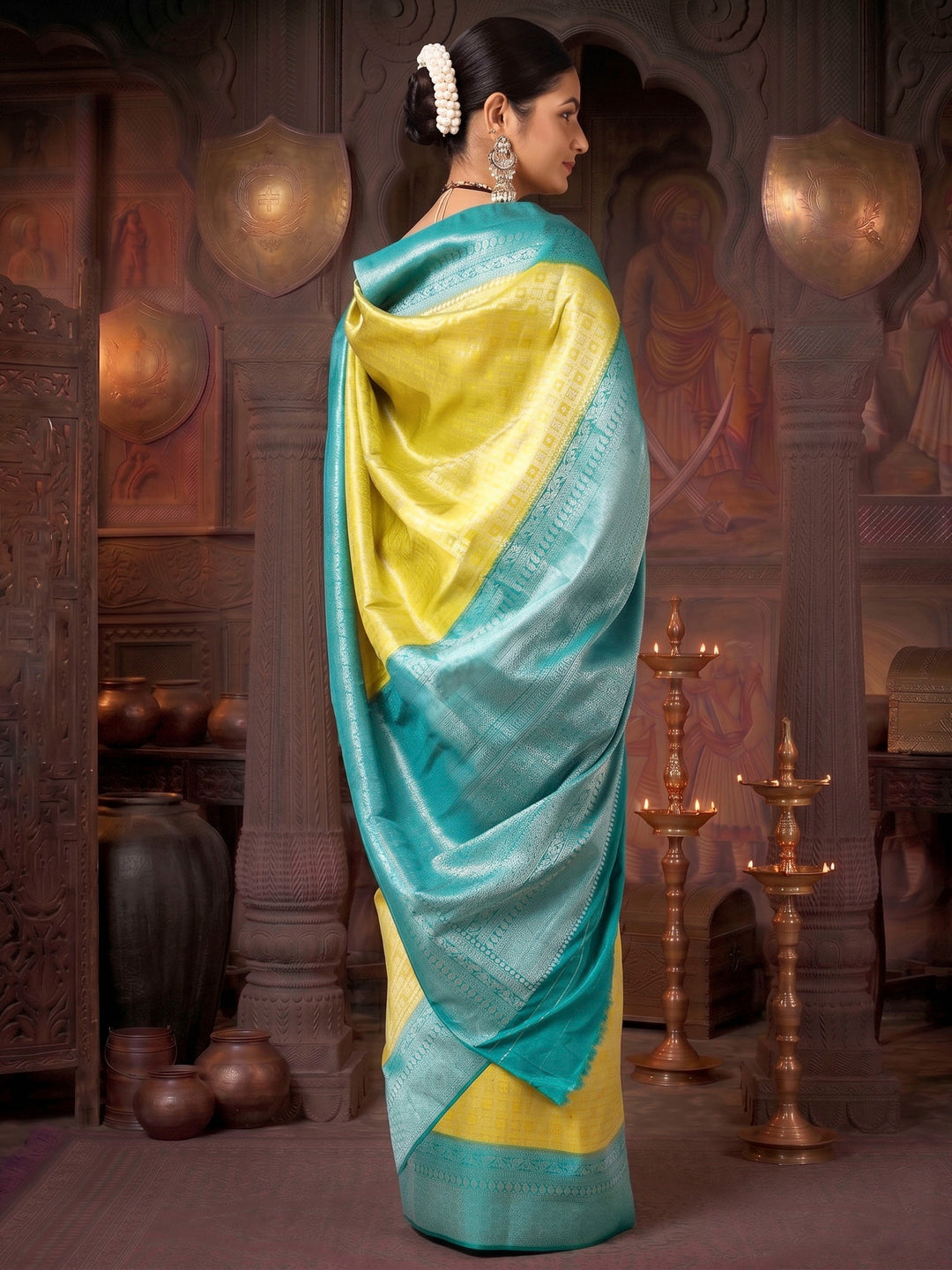 Olive Blue Woven Design Kanjivaram Brocade Contrast Saree