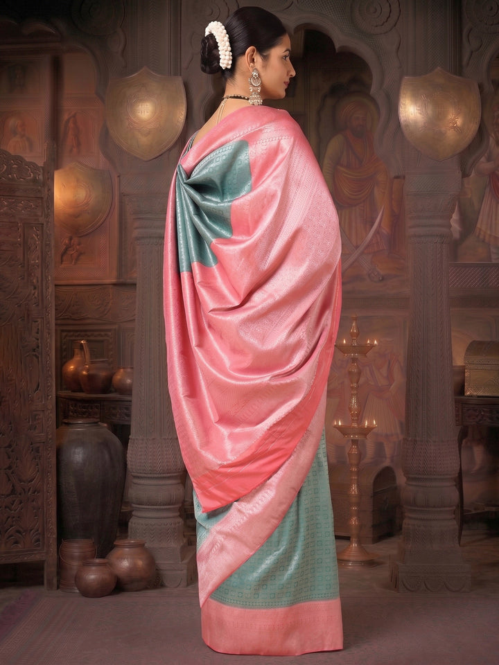Pista Peach Woven Design Kanjivaram Brocade Contrast Saree