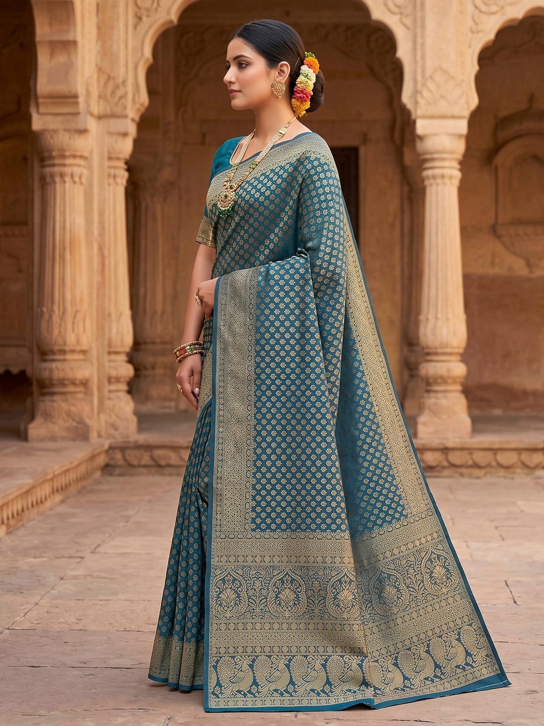 Peacock Blue Woven Design Art Silk Kanjivaram Saree