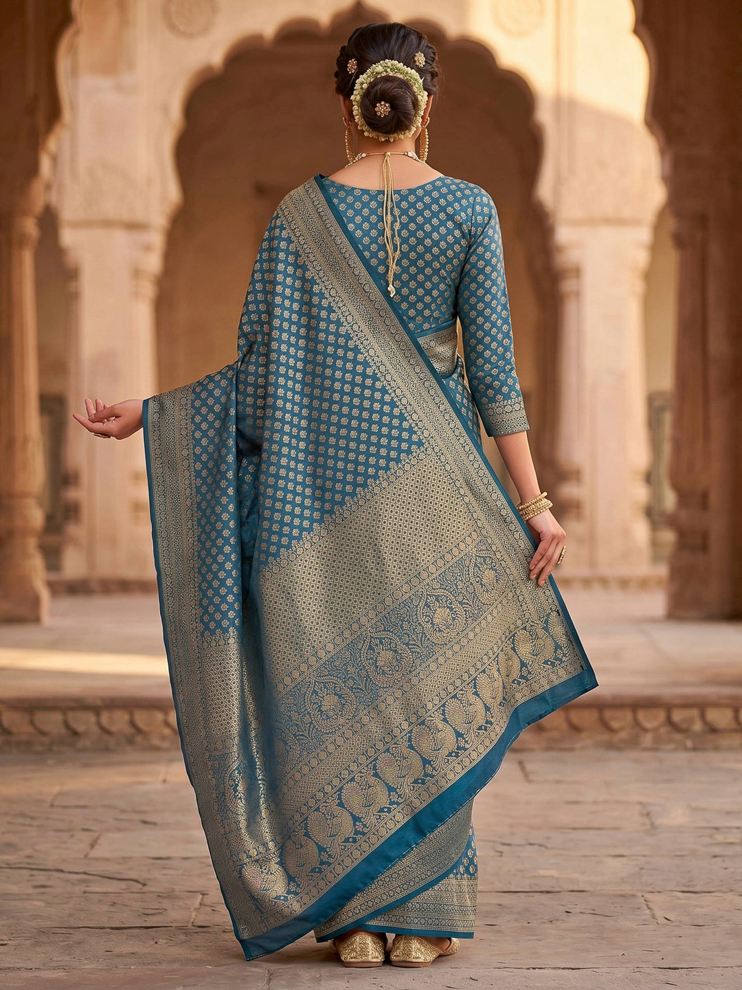 Peacock Blue Woven Design Art Silk Kanjivaram Saree