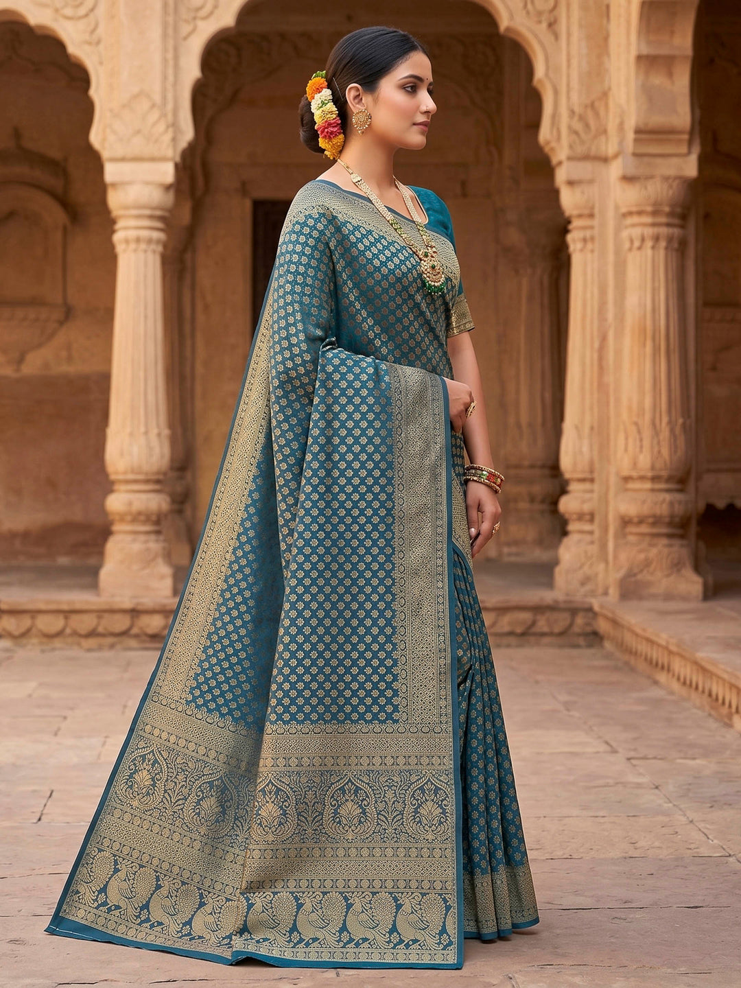 Peacock Blue Woven Design Art Silk Kanjivaram Saree