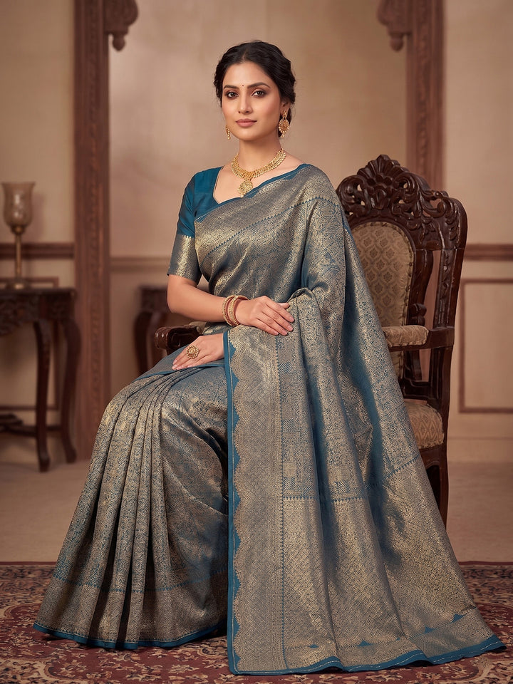 Peacock Blue Woven Design Art Silk Kanjivaram Saree