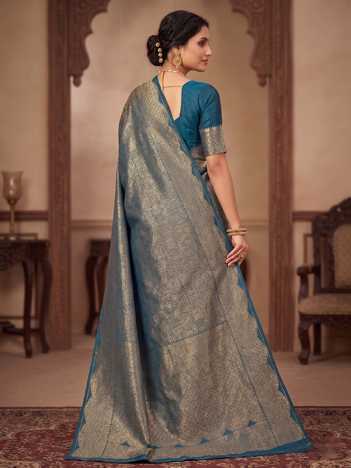 Peacock Blue Woven Design Art Silk Kanjivaram Saree