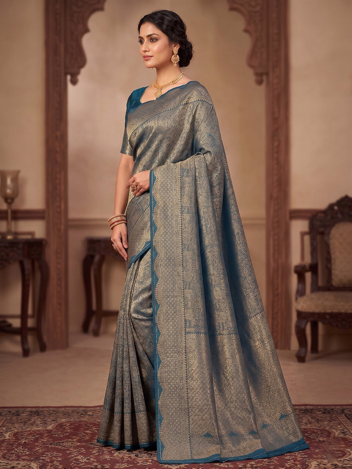 Peacock Blue Woven Design Art Silk Kanjivaram Saree