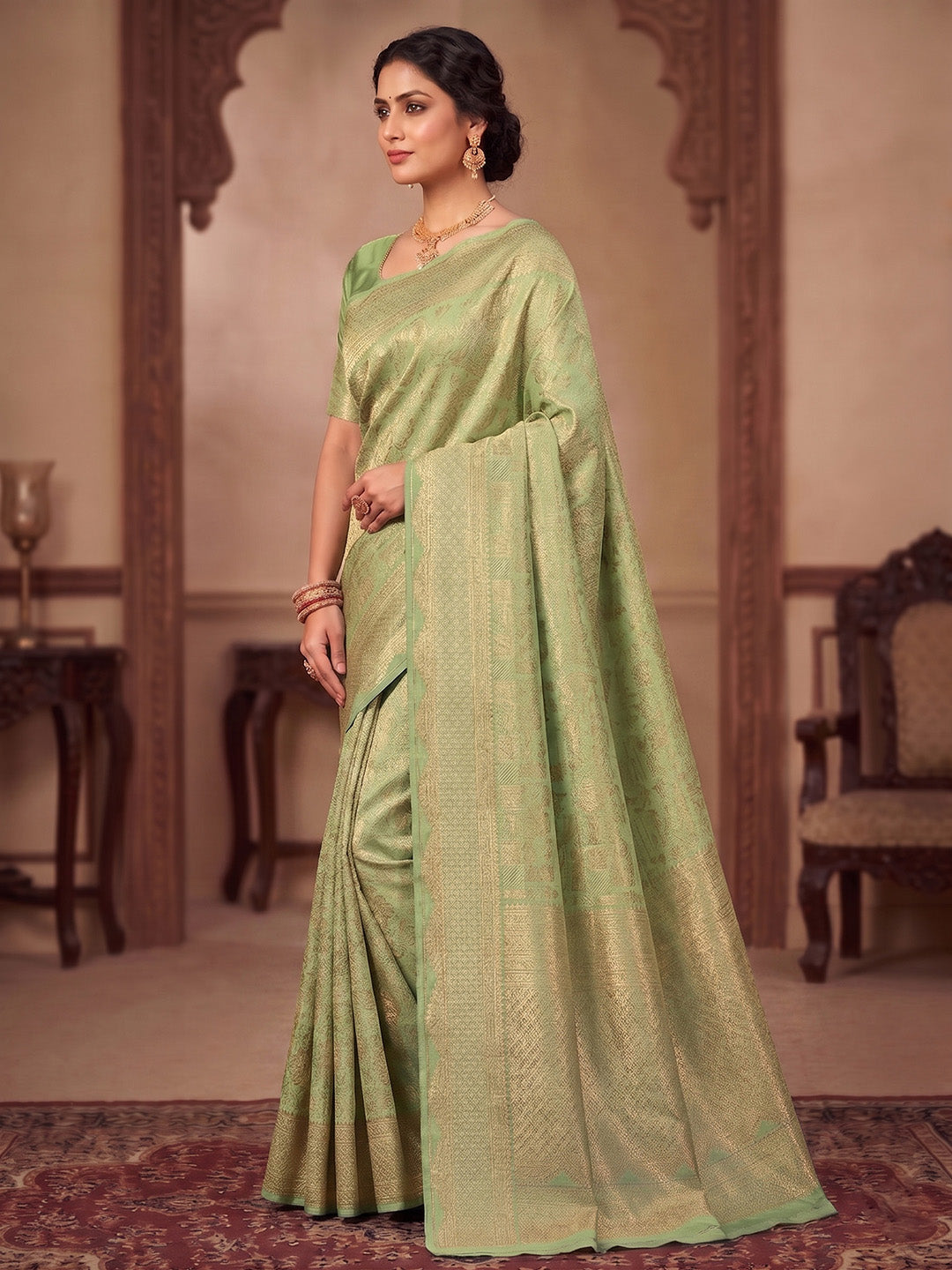 Pista Green Woven Design Art Silk Kanjivaram Saree
