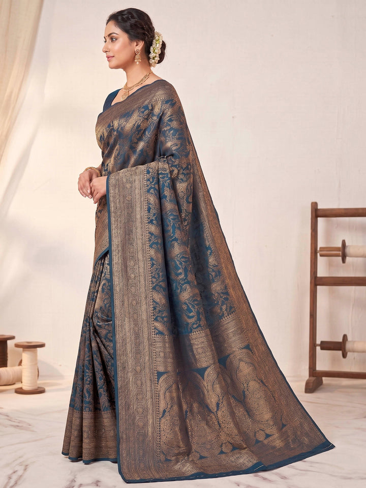 Dark Blue Woven Design Art Silk Kanjivaram Saree