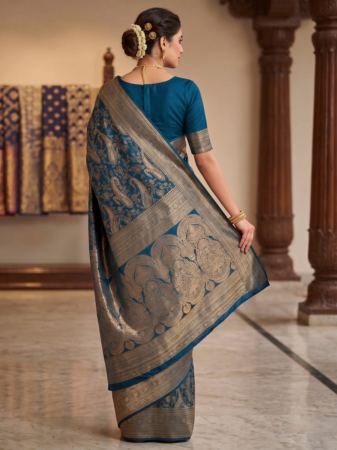 Dark Blue Woven Design Art Silk Kanjivaram Saree
