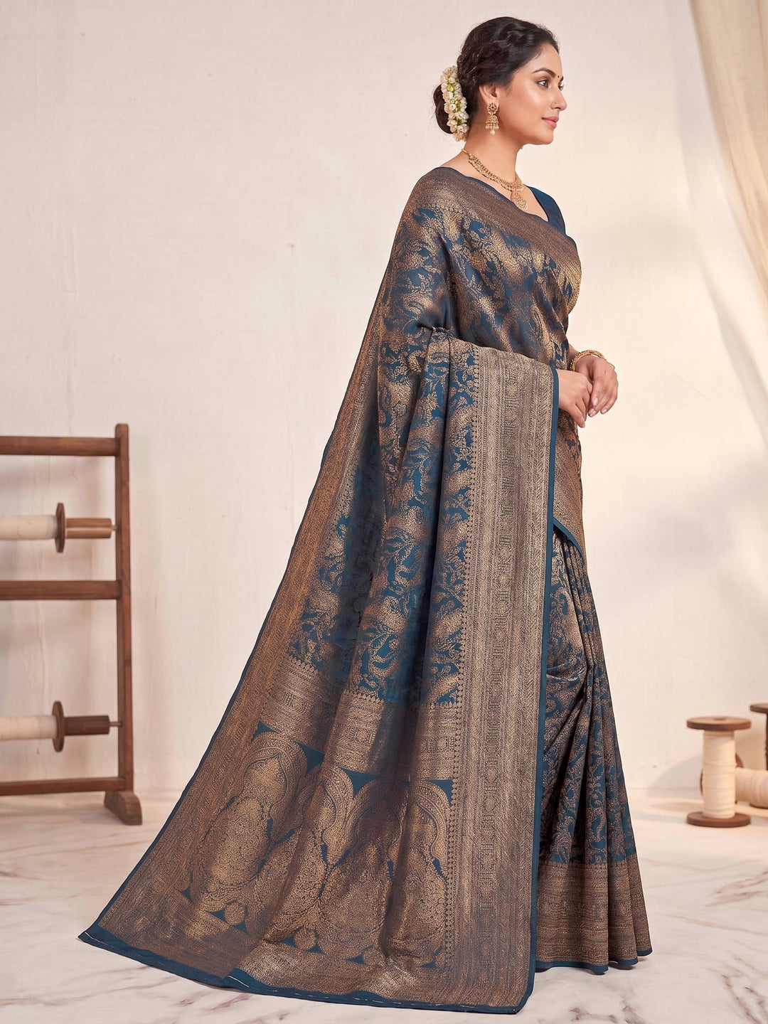 Dark Blue Woven Design Art Silk Kanjivaram Saree