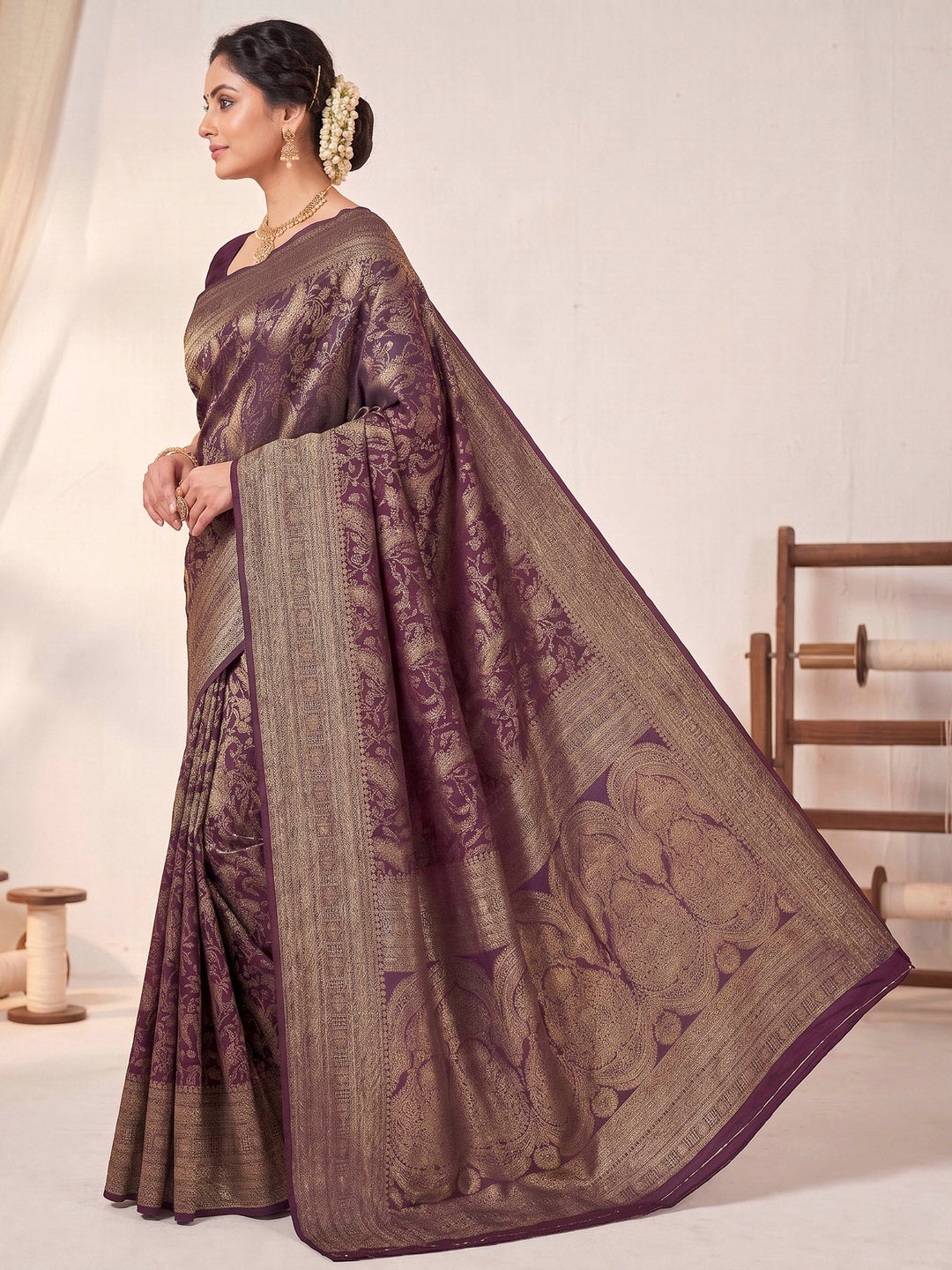 Wine Woven Design Art Silk Kanjivaram Saree