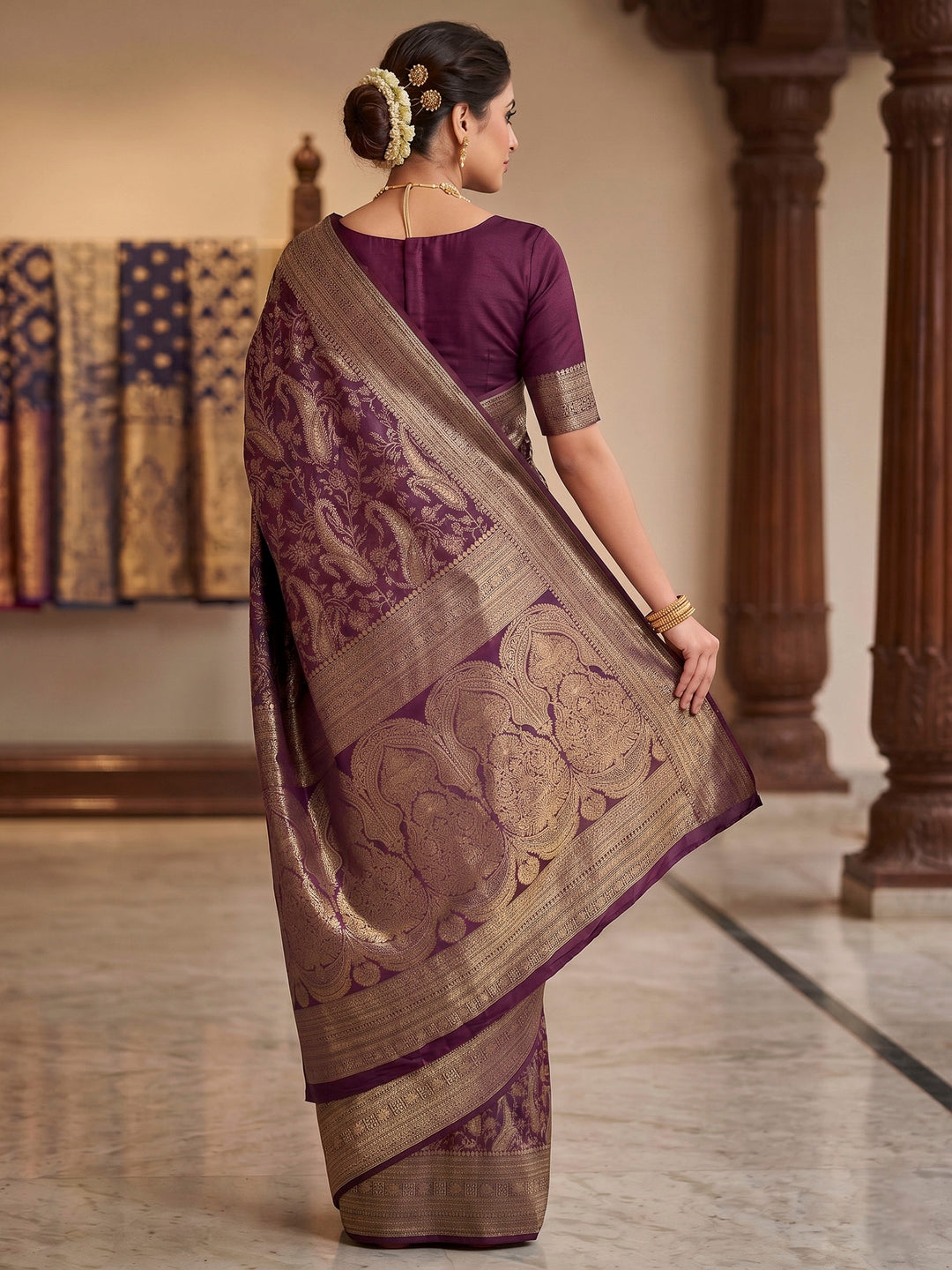 Wine Woven Design Art Silk Kanjivaram Saree
