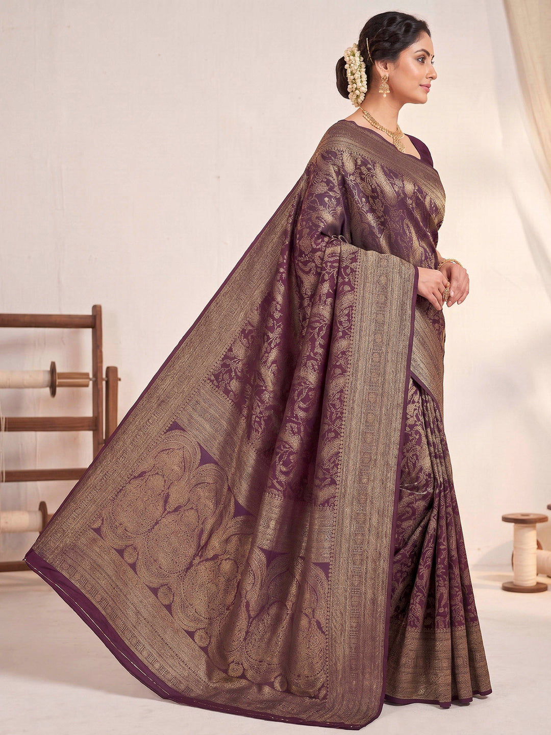 Wine Woven Design Art Silk Kanjivaram Saree