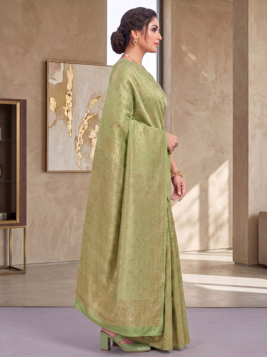 Pista Green Woven Design Art Silk Kanjivaram Saree