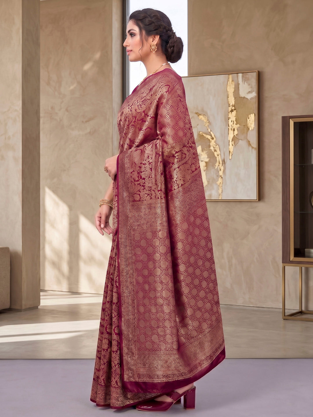 Wine Woven Design Art Silk Kanjivaram Saree
