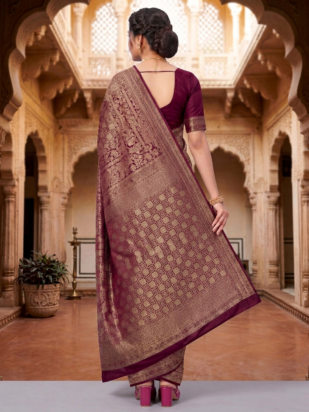 Wine Woven Design Art Silk Kanjivaram Saree