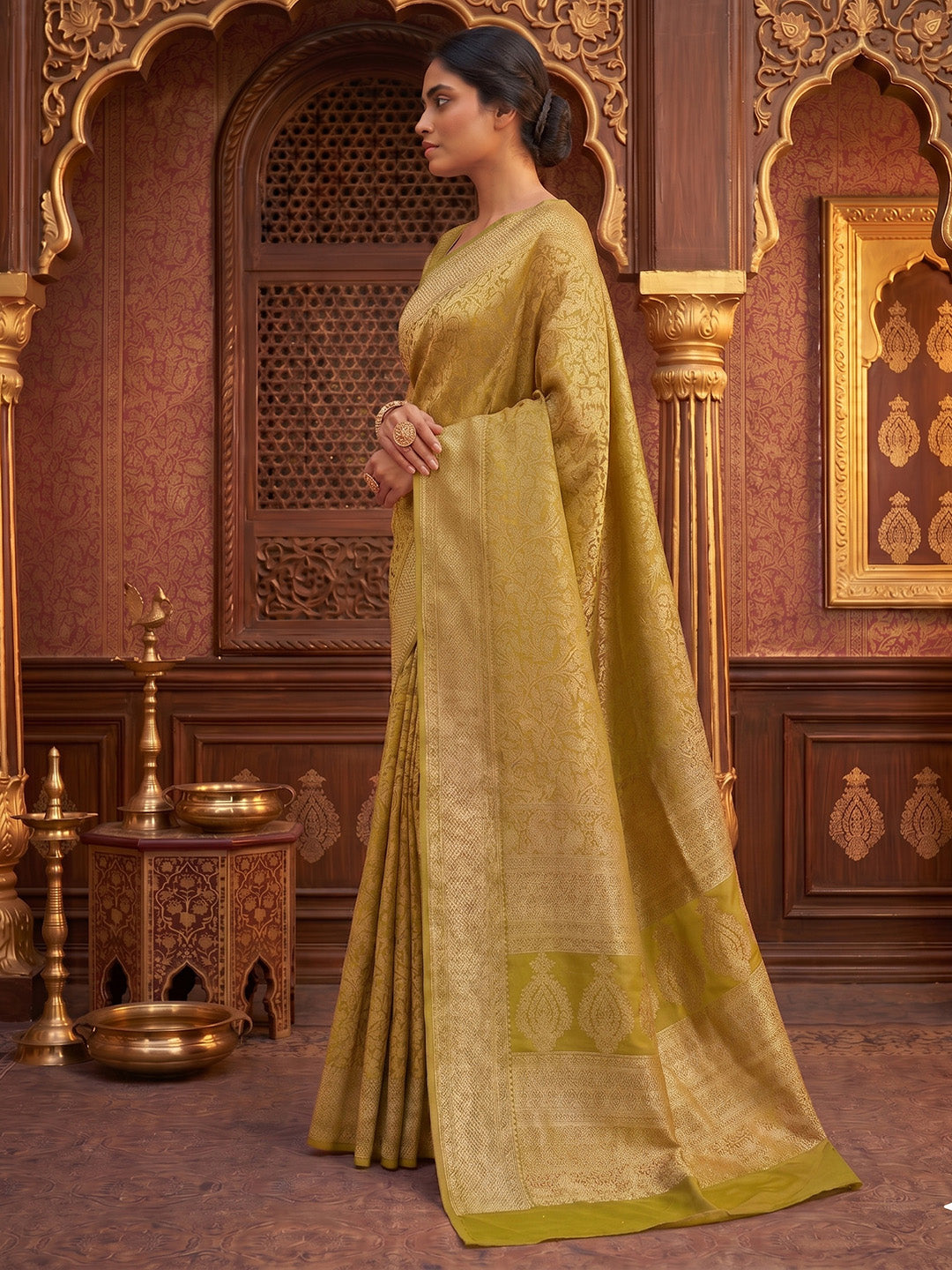 Olive Green Woven Design Art Silk Kanjivaram Saree