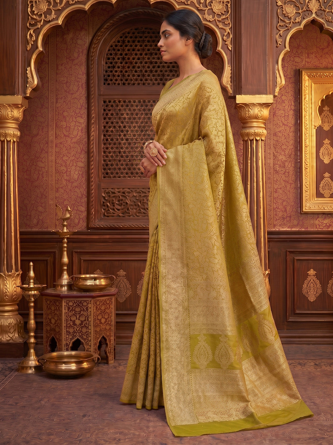 Olive Green Woven Design Art Silk Kanjivaram Saree