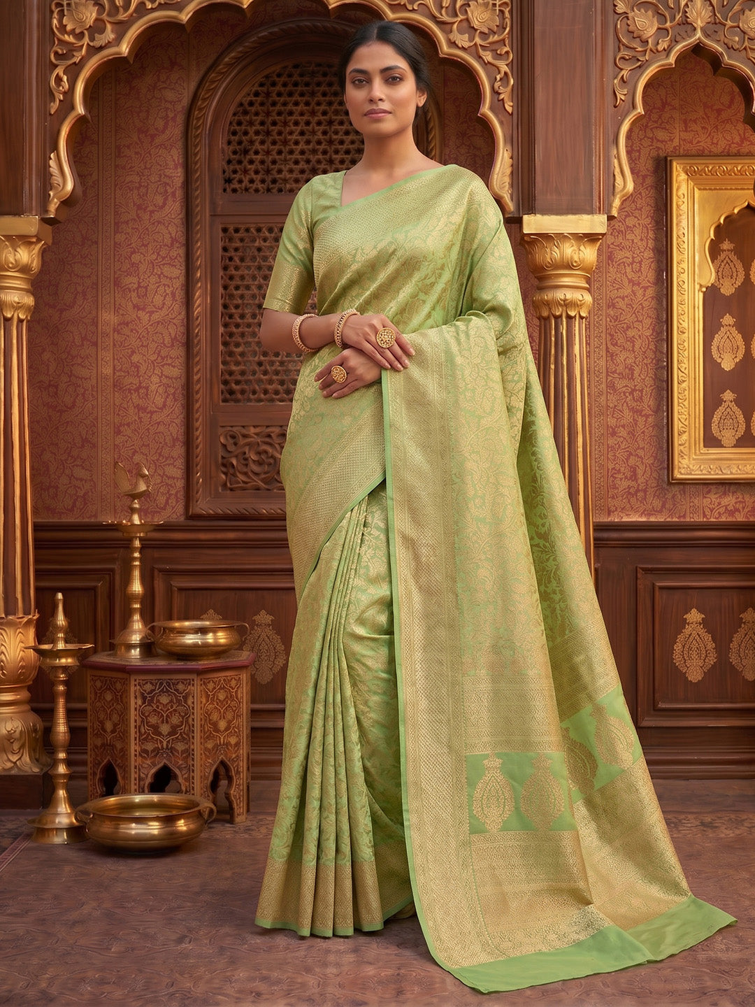 Pista Green Woven Design Art Silk Kanjivaram Saree
