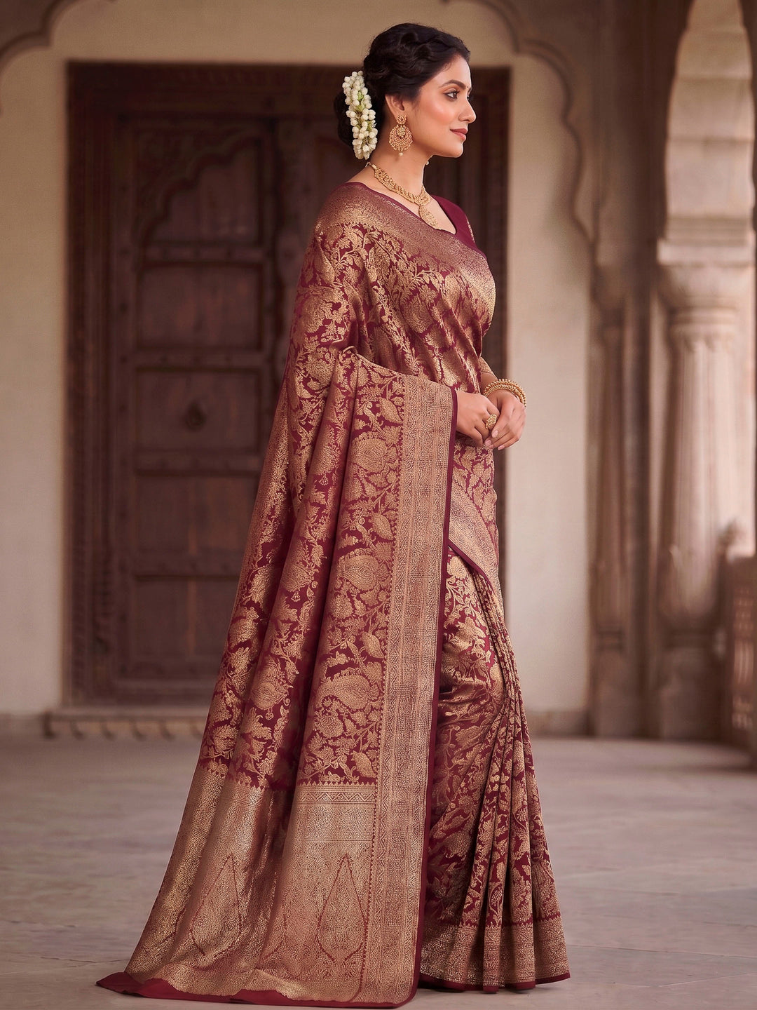 Maroon Woven Design Art Silk Kanjivaram Saree