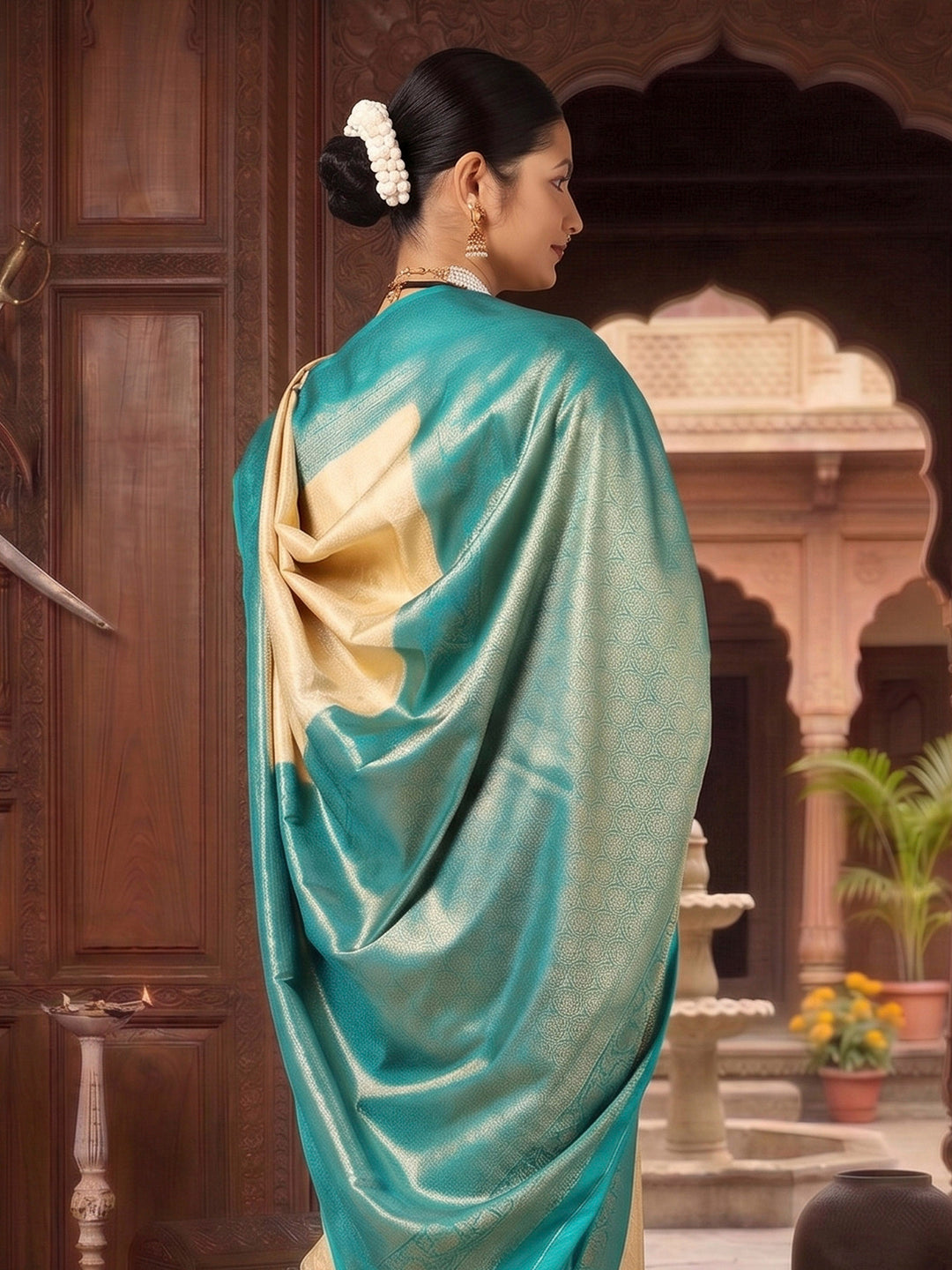 Off White Dark Blue Woven Design Kanjivaram Brocade Contrast Saree