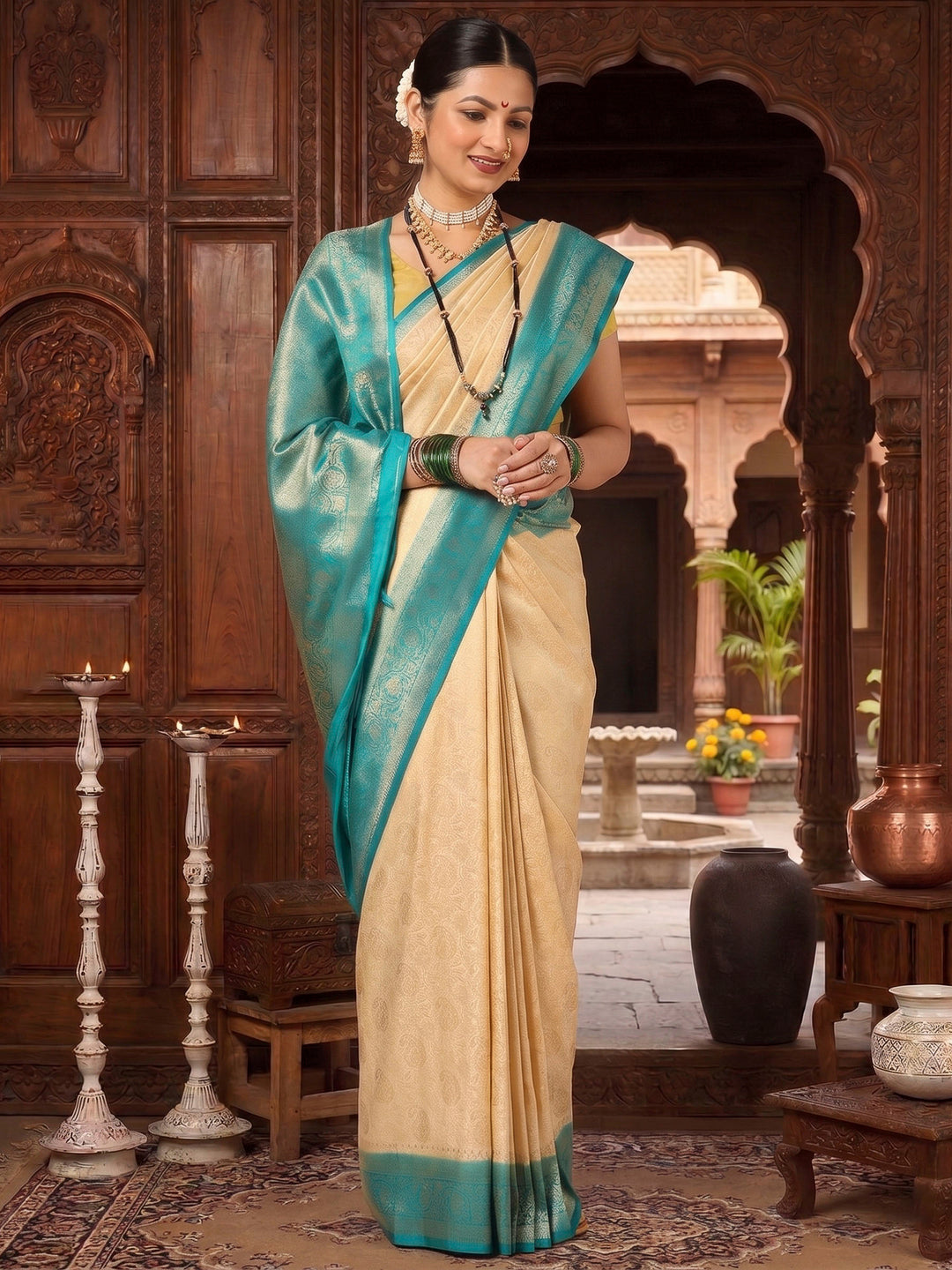 Off White Dark Blue Woven Design Kanjivaram Brocade Contrast Saree