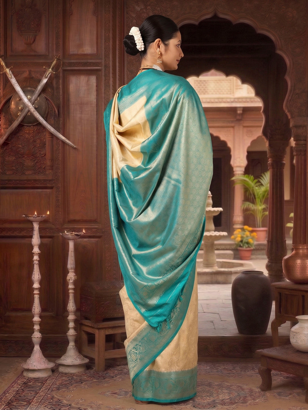 Off White Dark Blue Woven Design Kanjivaram Brocade Contrast Saree