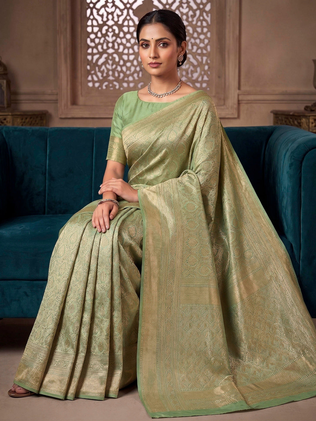 Pista Green Woven Design Art Silk Kanjivaram Saree